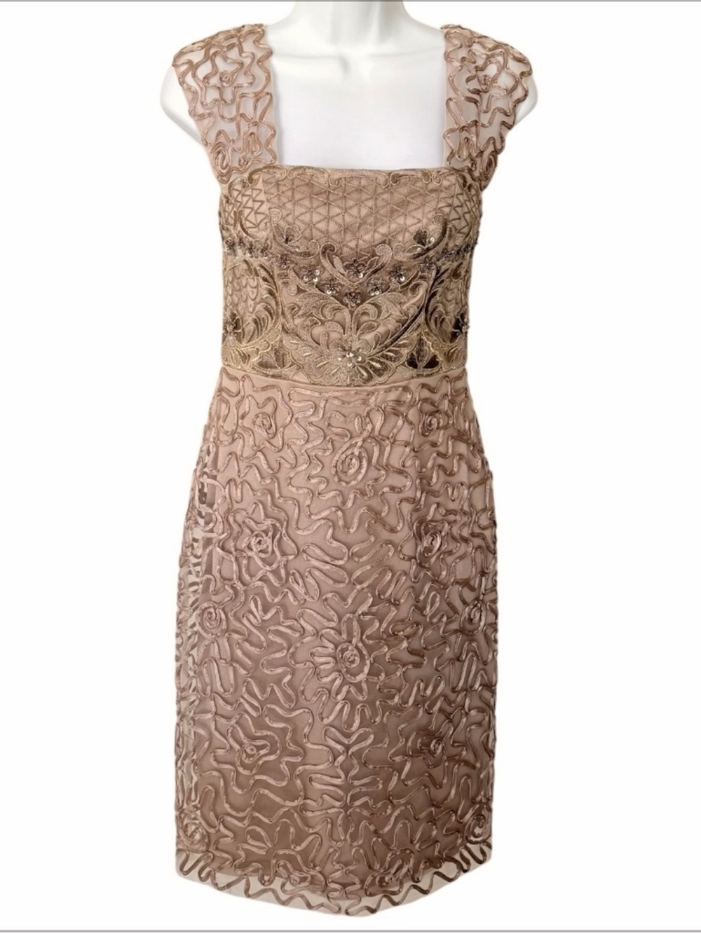 Sue Wong Beige Gold Embroidered Fully Lined Dress